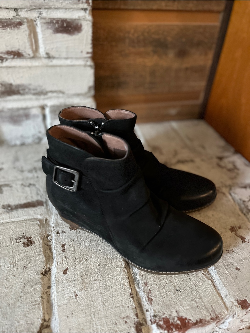 Dansko Shirley Black Women's Ankle Wedge Boots with Buckle size 37, US 7